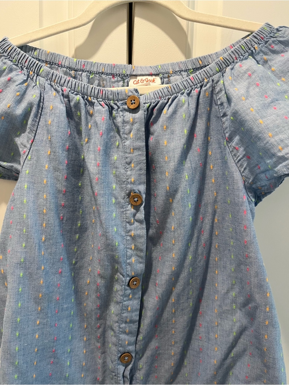 Cat & Jack Light Blue Off-Shoulder Chambray Top with Neon Dot Embroidery